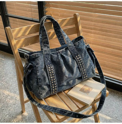 Studded Flap Pocket Washed Denim Crossbody Tote Bag