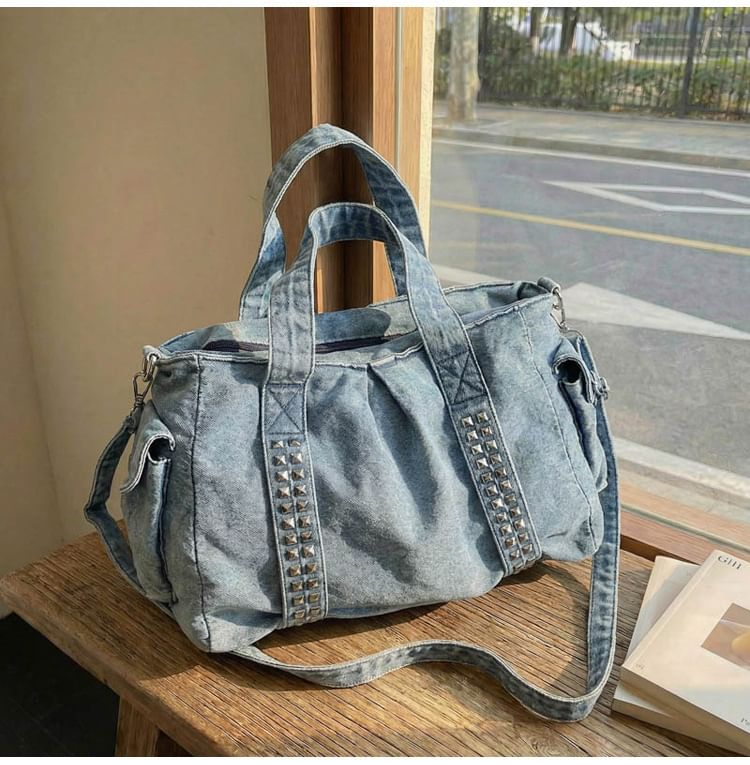 Studded Flap Pocket Washed Denim Crossbody Tote Bag
