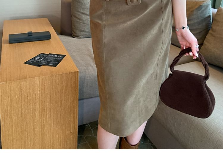 Belted Midi Straight Skirt Mid-Rise