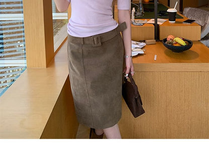 Belted Midi Straight Skirt Mid-Rise