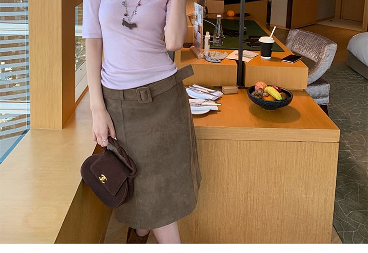 Belted Midi Straight Skirt Mid-Rise