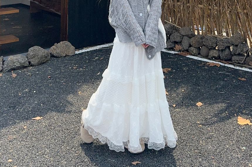 Cardigan & Lace Trim Tiered Maxi Skirt Set