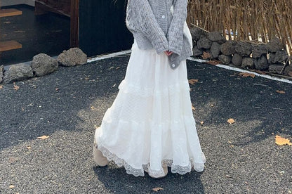 Cardigan & Lace Trim Tiered Maxi Skirt Set