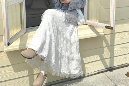 Cardigan & Lace Trim Tiered Maxi Skirt Set