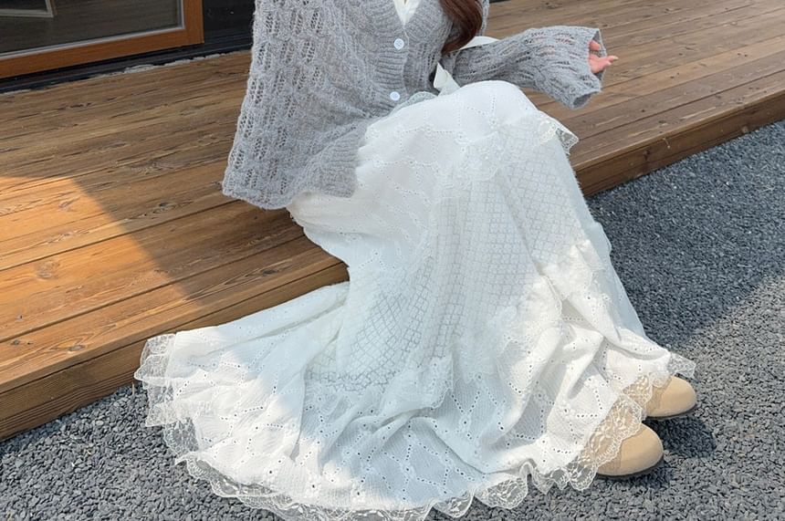 Cardigan & Lace Trim Tiered Maxi Skirt Set