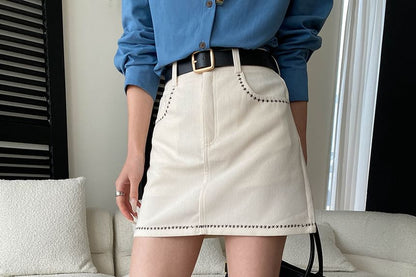 Contrast Stitch Corduroy Mini Skirt Mid-Rise