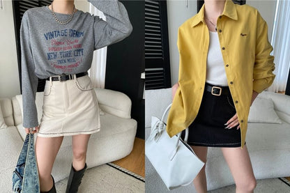 Contrast Stitch Corduroy Mini Skirt Mid-Rise