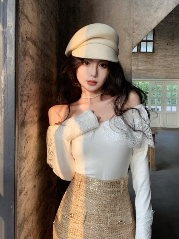 Long Sleeve Off Shoulder Panel Lace Top