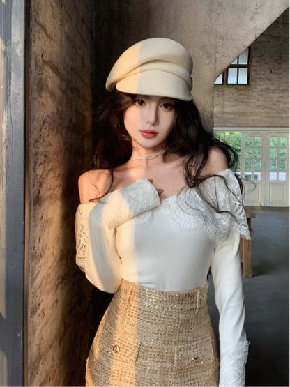 Long Sleeve Off Shoulder Panel Lace Top