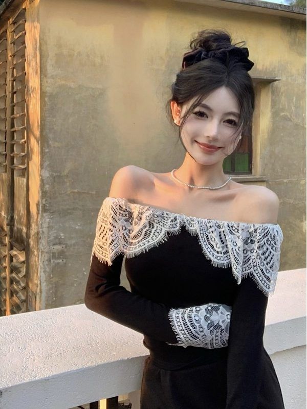 Long Sleeve Off Shoulder Panel Lace Top