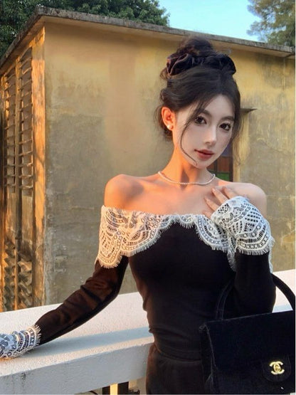 Long Sleeve Off Shoulder Panel Lace Top