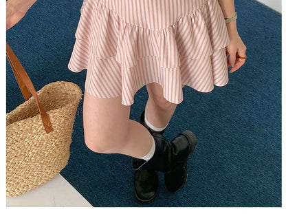 Pinstripe Mini Tiered Skirt Mid-Waist