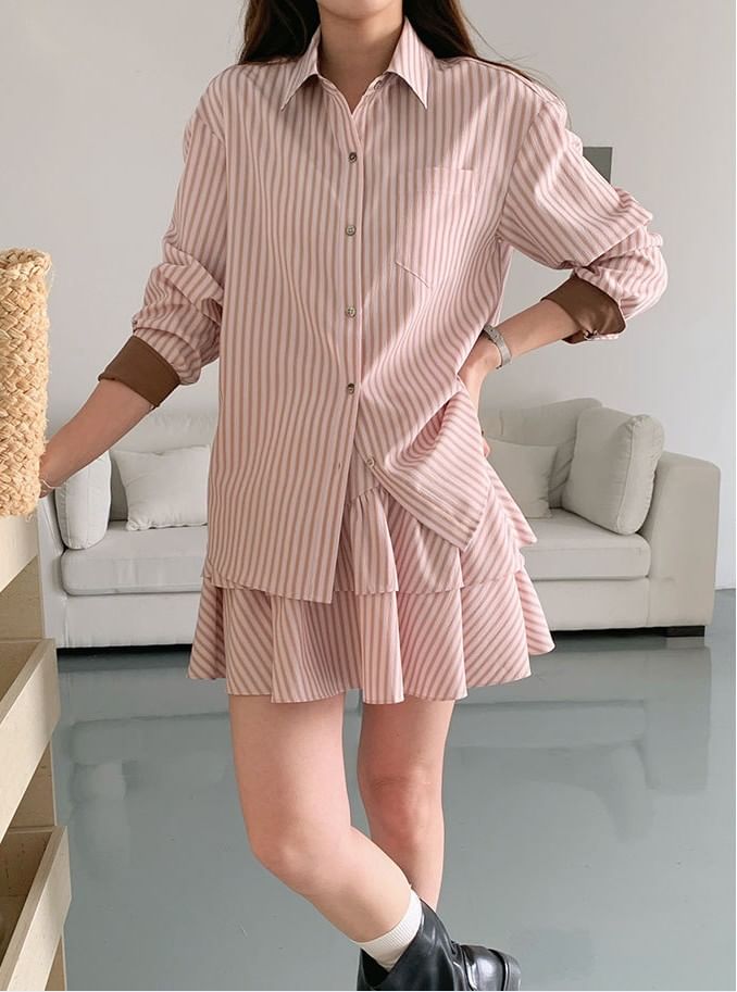 Pinstripe Mini Tiered Skirt Mid-Waist