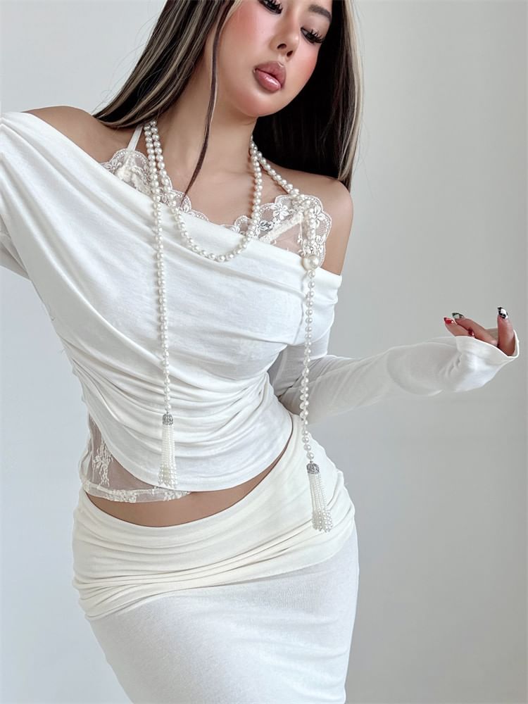 Faux Two-Piece Cold-Shoulder Long-Sleeve Lace Panel Crop Top
