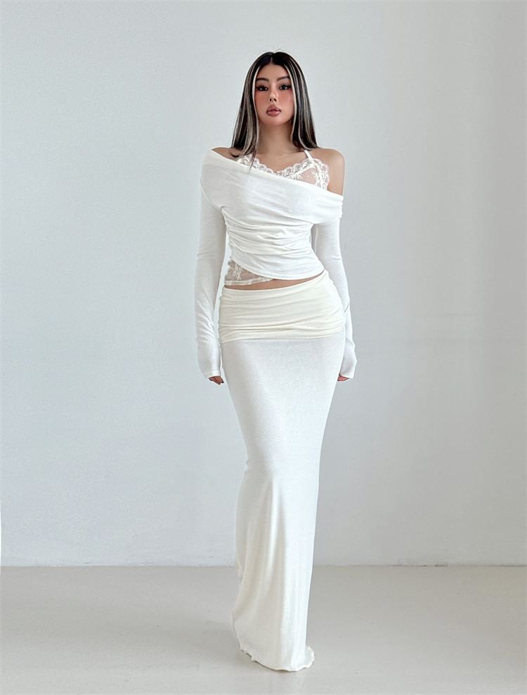 Faux Two-Piece Cold-Shoulder Long-Sleeve Lace Panel Crop Top