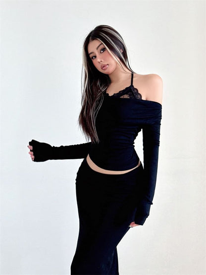 Faux Two-Piece Cold-Shoulder Long-Sleeve Lace Panel Crop Top