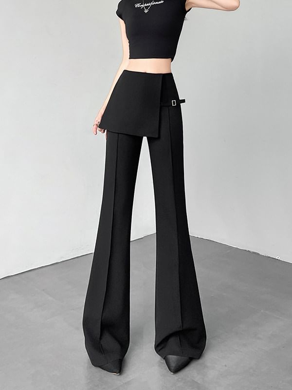 Flared Slacks with Buckled Overlay Skirt