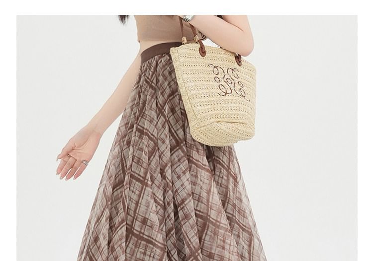 Plaid Mesh Maxi A-Line Skirt High-Rise