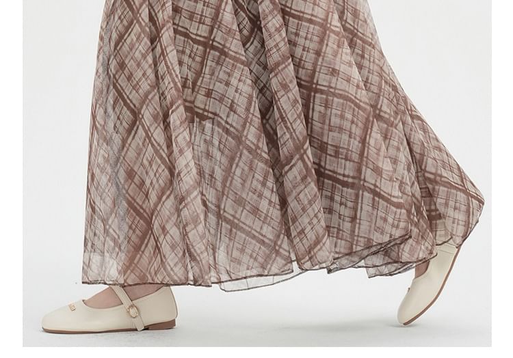 Plaid Mesh Maxi A-Line Skirt High-Rise