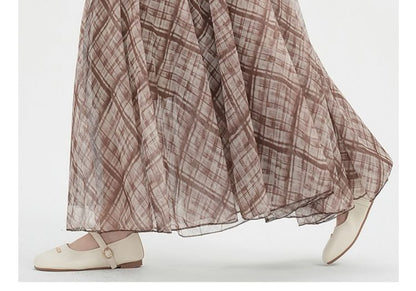 Plaid Mesh Maxi A-Line Skirt High-Rise