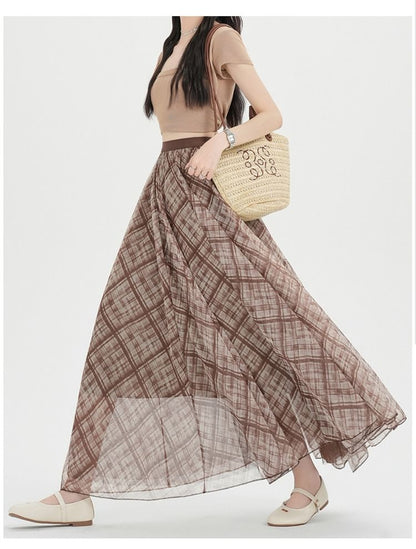 Plaid Mesh Maxi A-Line Skirt High-Rise