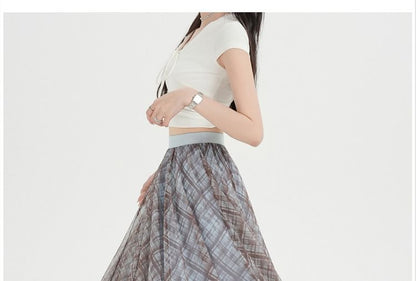 Plaid Mesh Maxi A-Line Skirt High-Rise