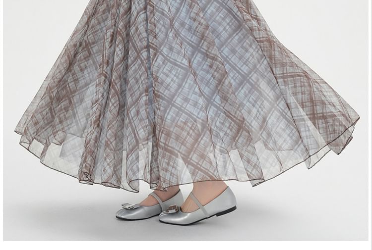 Plaid Mesh Maxi A-Line Skirt High-Rise