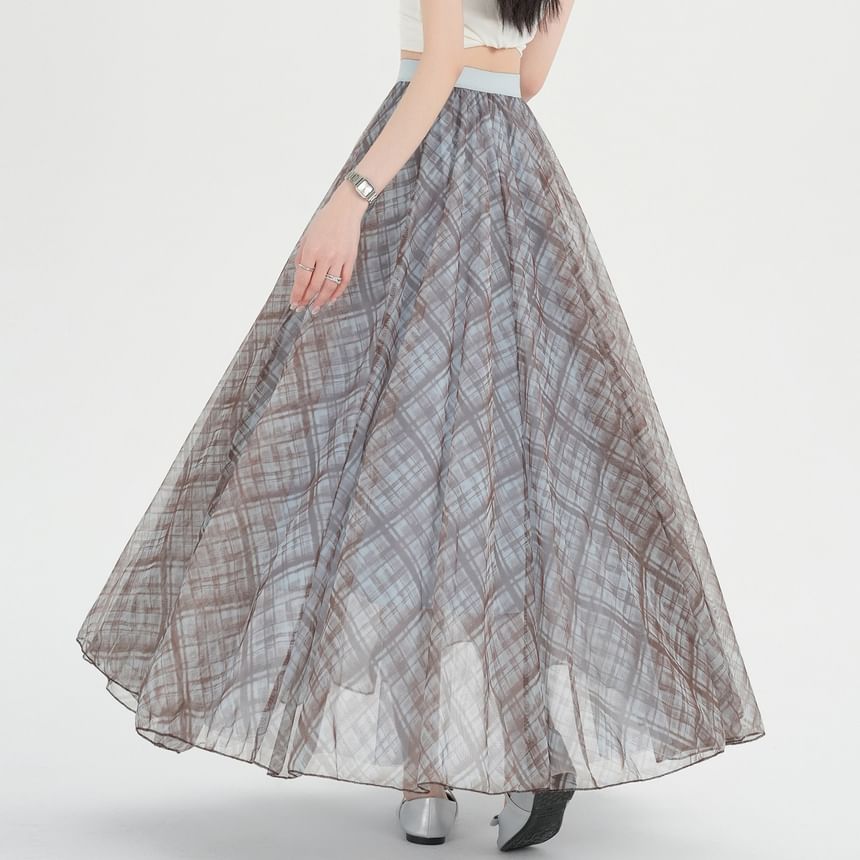 Plaid Mesh Maxi A-Line Skirt High-Rise