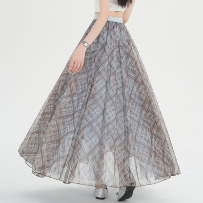 Plaid Mesh Maxi A-Line Skirt High-Rise
