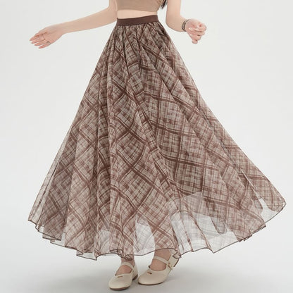 Plaid Mesh Maxi A-Line Skirt High-Rise
