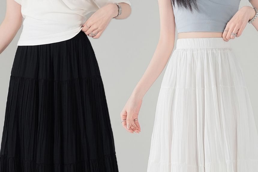 Tiered Pleated Midi A-Line Skirt High-Rise
