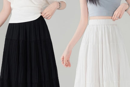 Tiered Pleated Midi A-Line Skirt High-Rise