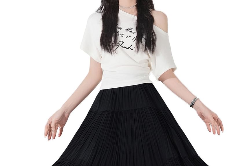 Tiered Pleated Midi A-Line Skirt High-Rise