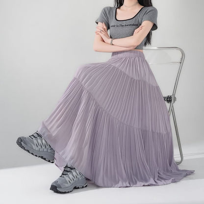 Tiered Pleated Midi A-Line Skirt High-Rise