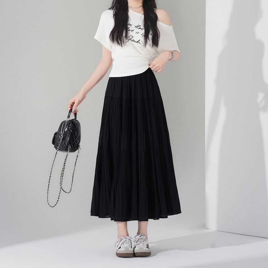Tiered Pleated Midi A-Line Skirt High-Rise