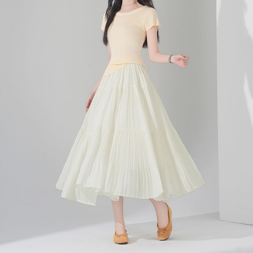 Tiered Pleated Midi A-Line Skirt High-Rise