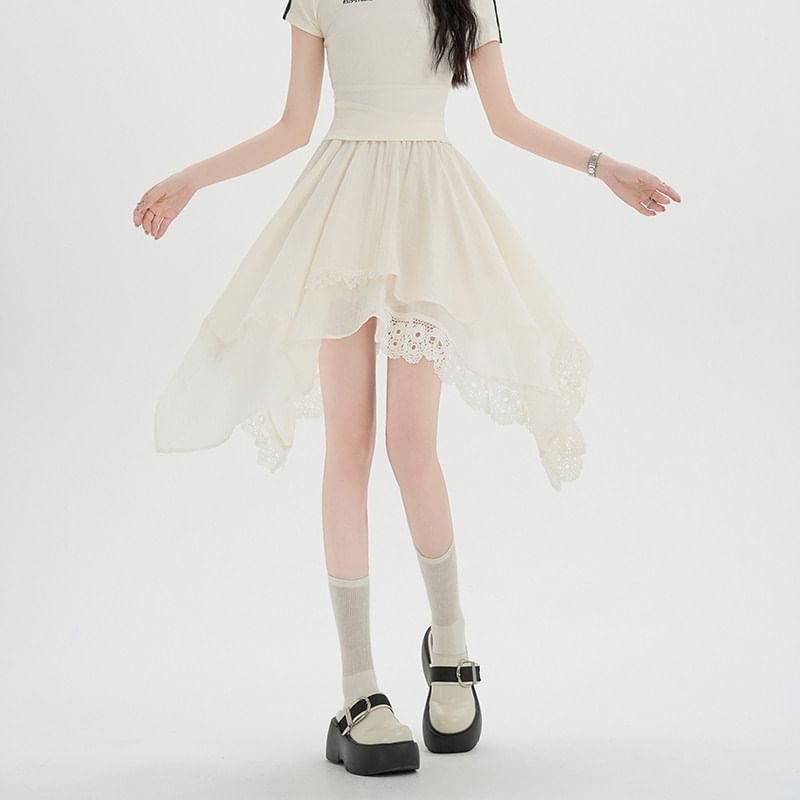 Asymmetric Lace Panel Mini A-Line Skirt