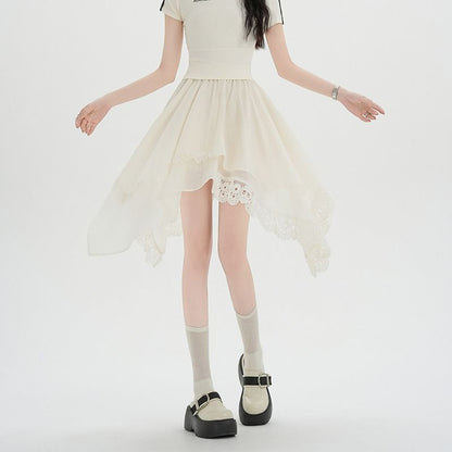 Asymmetric Lace Panel Mini A-Line Skirt