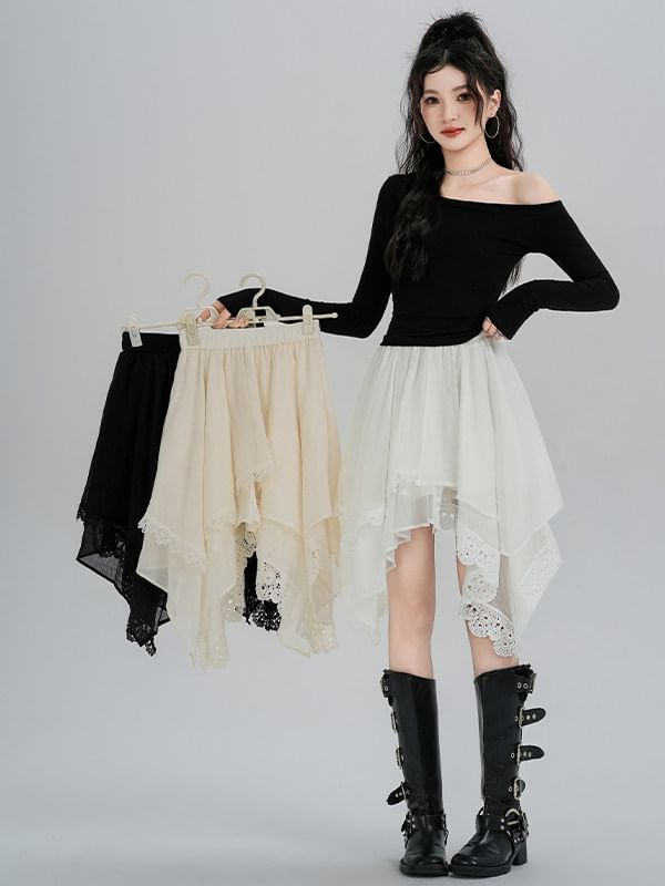 Asymmetric Lace Panel Mini A-Line Skirt