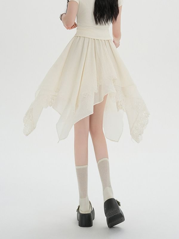Asymmetric Lace Panel Mini A-Line Skirt