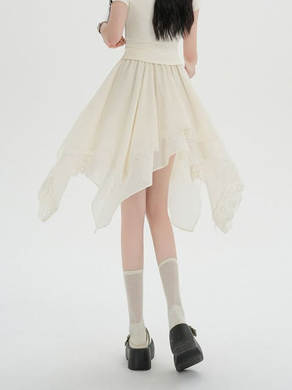 Asymmetric Lace Panel Mini A-Line Skirt
