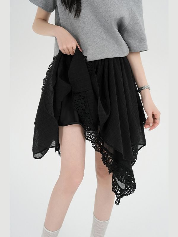 Asymmetric Lace Panel Mini A-Line Skirt