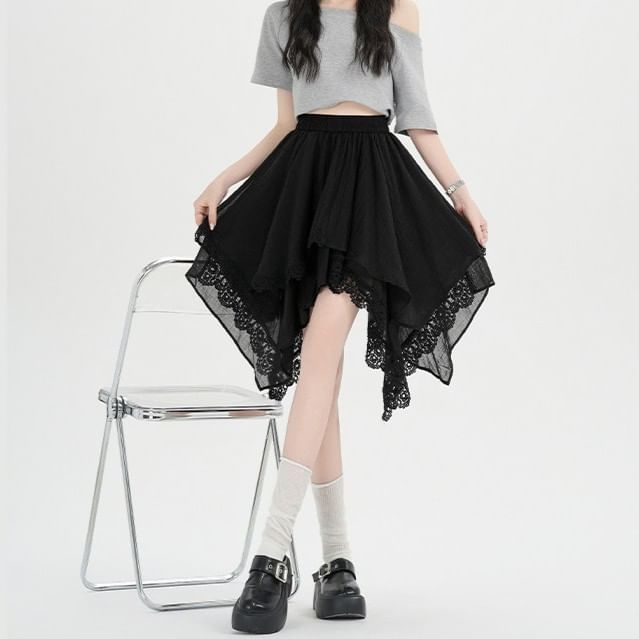 Asymmetric Lace Panel Mini A-Line Skirt