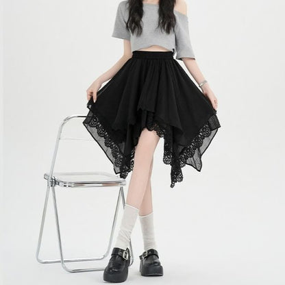 Asymmetric Lace Panel Mini A-Line Skirt