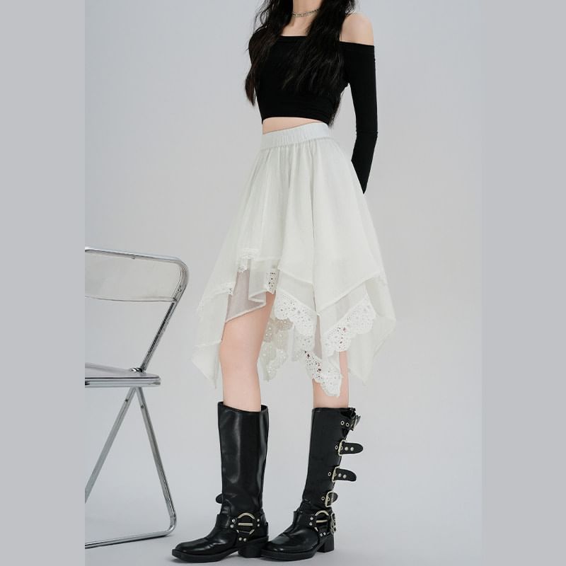 Asymmetric Lace Panel Mini A-Line Skirt