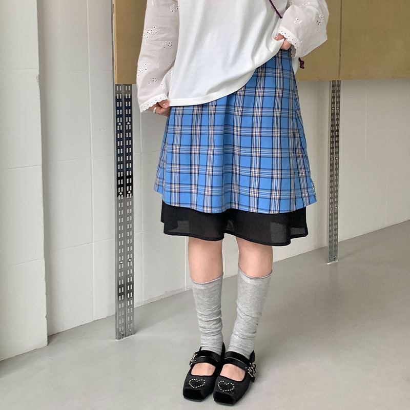 Plaid Layered A-Line Skirt Elastic Waist