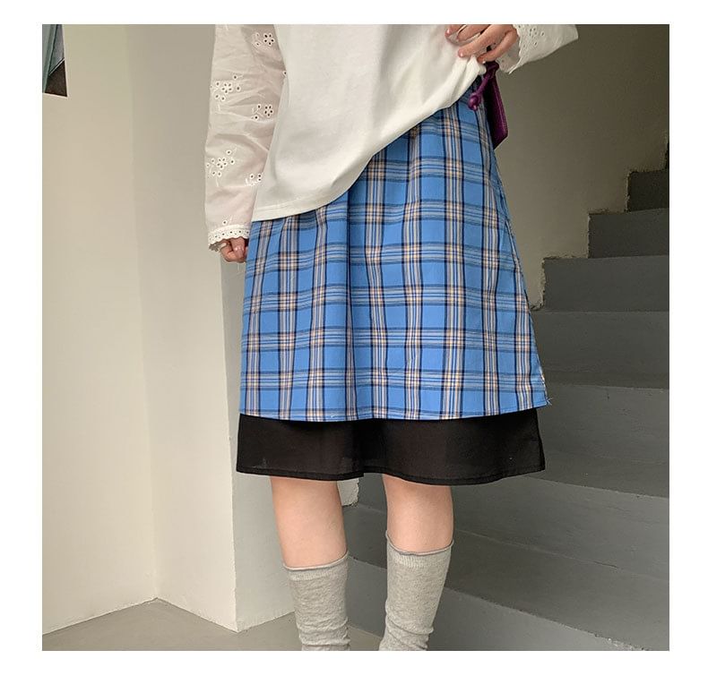 Plaid Layered A-Line Skirt Elastic Waist