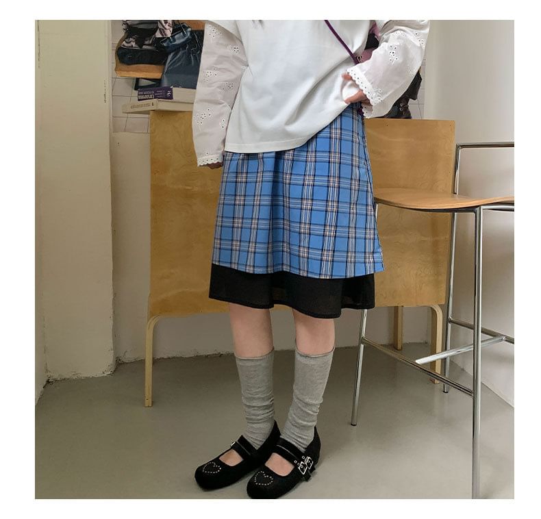 Plaid Layered A-Line Skirt Elastic Waist