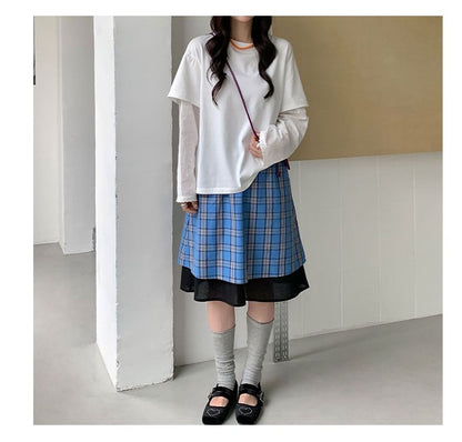 Plaid Layered A-Line Skirt Elastic Waist