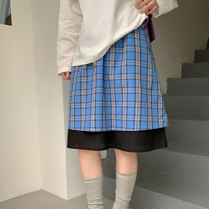 Plaid Layered A-Line Skirt Elastic Waist